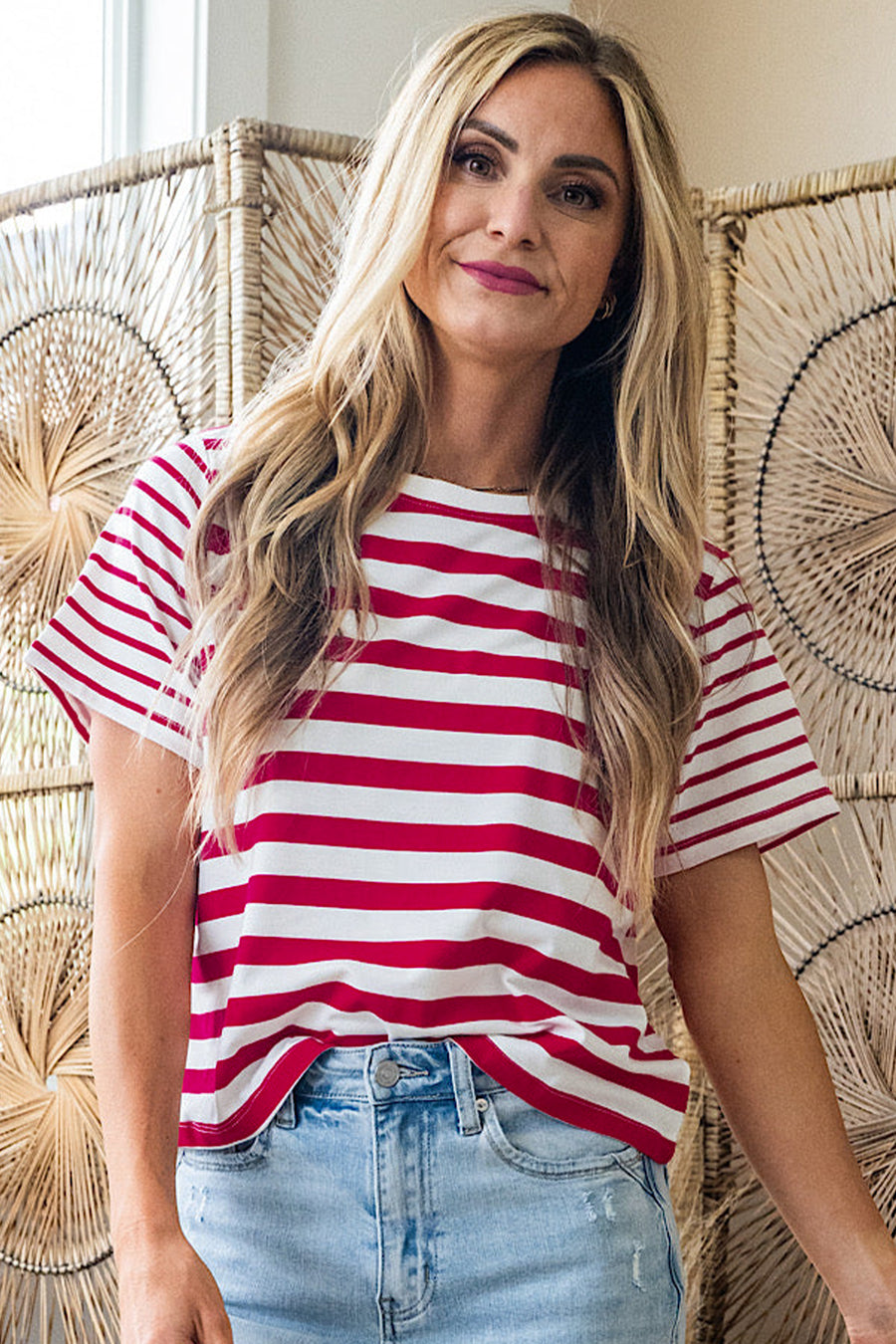 Red and White Striped Crew Neck T-Shirt
