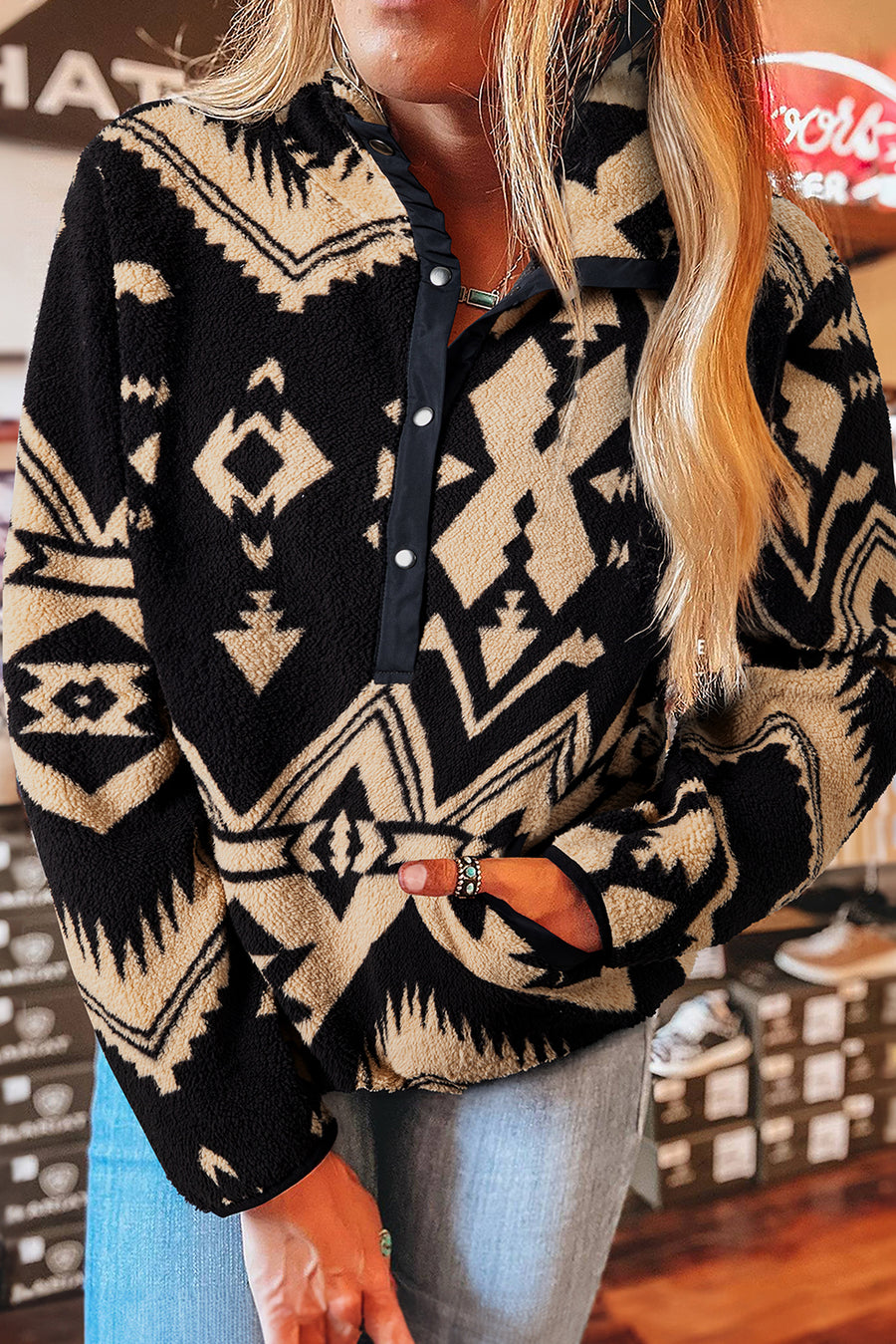 Beige Vintage Geometric Half Zip Plush Sweatshirt