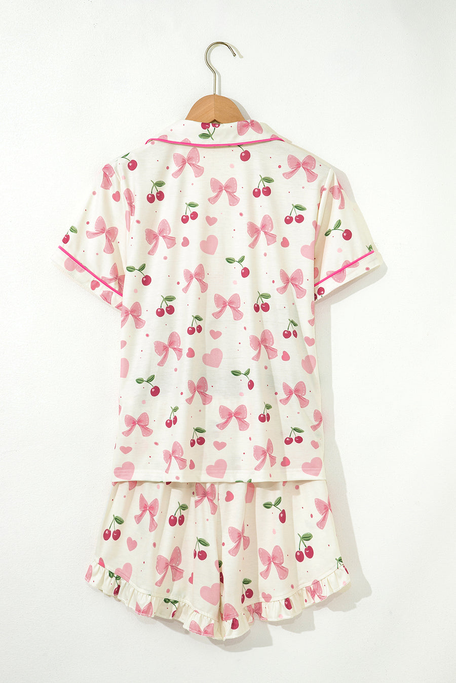Bow Print Button-Up V-Neck Short Sleeve Top and Ruffle Hem Shorts Pajama Set- 2 Styles