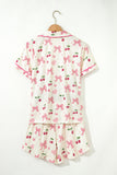 Bow Print Button-Up V-Neck Short Sleeve Top and Ruffle Hem Shorts Pajama Set- 2 Styles