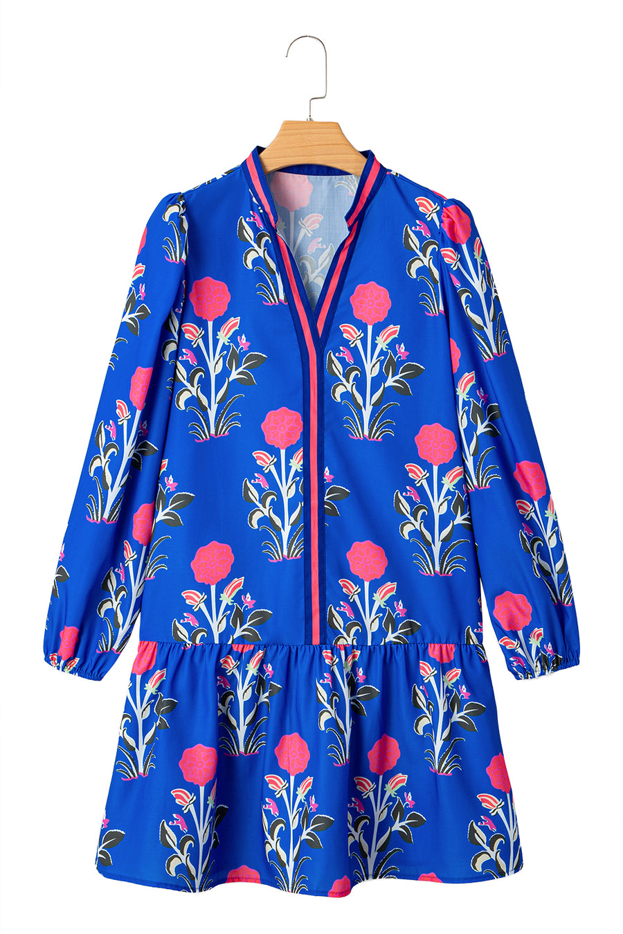 Floral Ruffle Hem Contrast Trim Neckline Mini Dress- 2 Colors