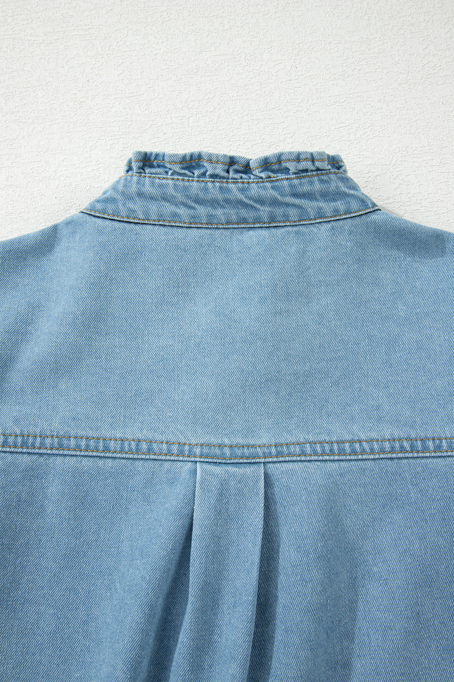 Frill Neck Button-Up Ruffled Short Sleeve Denim Mini Dress- 2 Colors