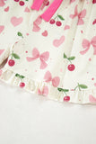 Bow Print Button-Up V-Neck Short Sleeve Top and Ruffle Hem Shorts Pajama Set- 2 Styles