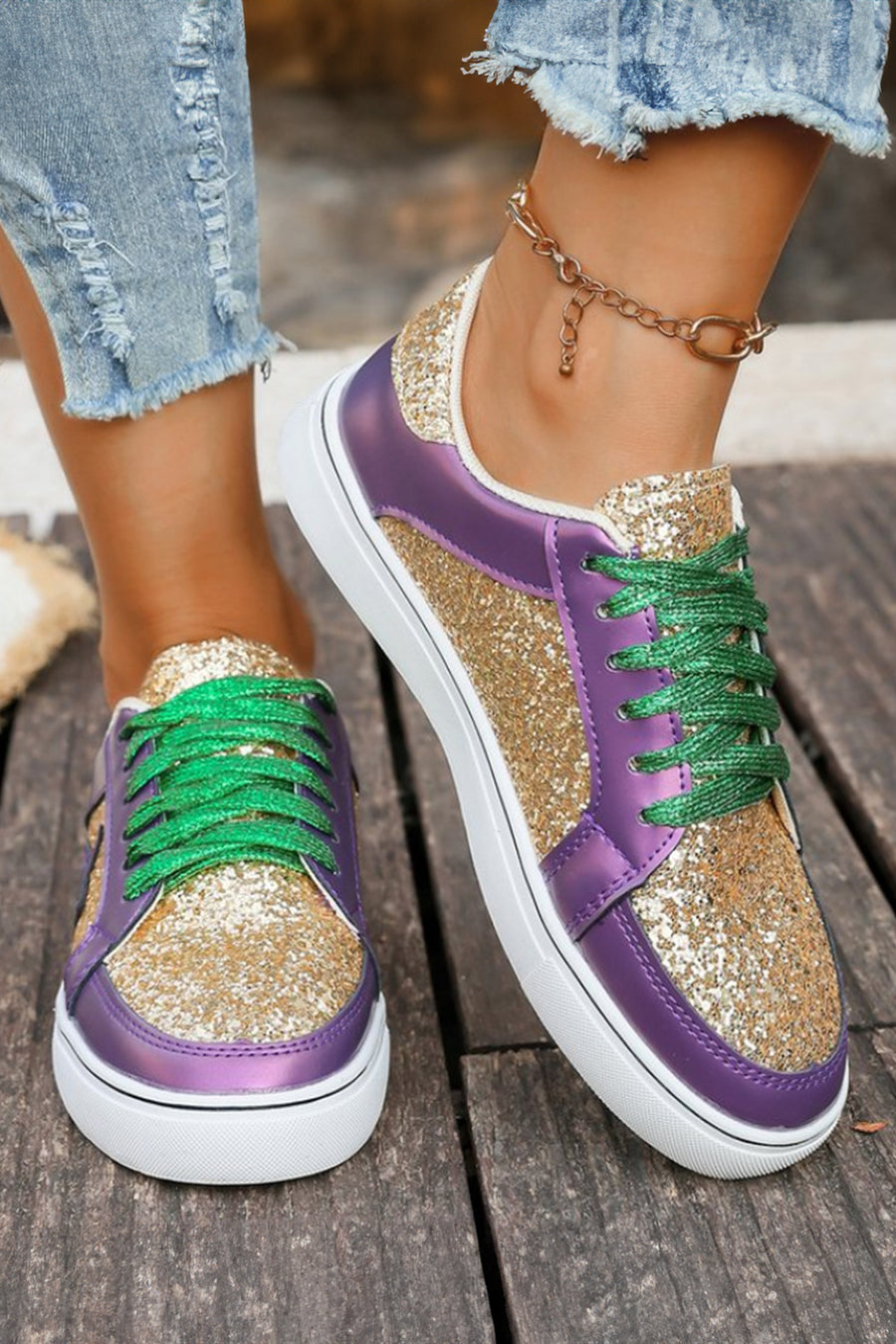 Glitter & Star Patchwork PU Leather Sneakers- 2 Colors