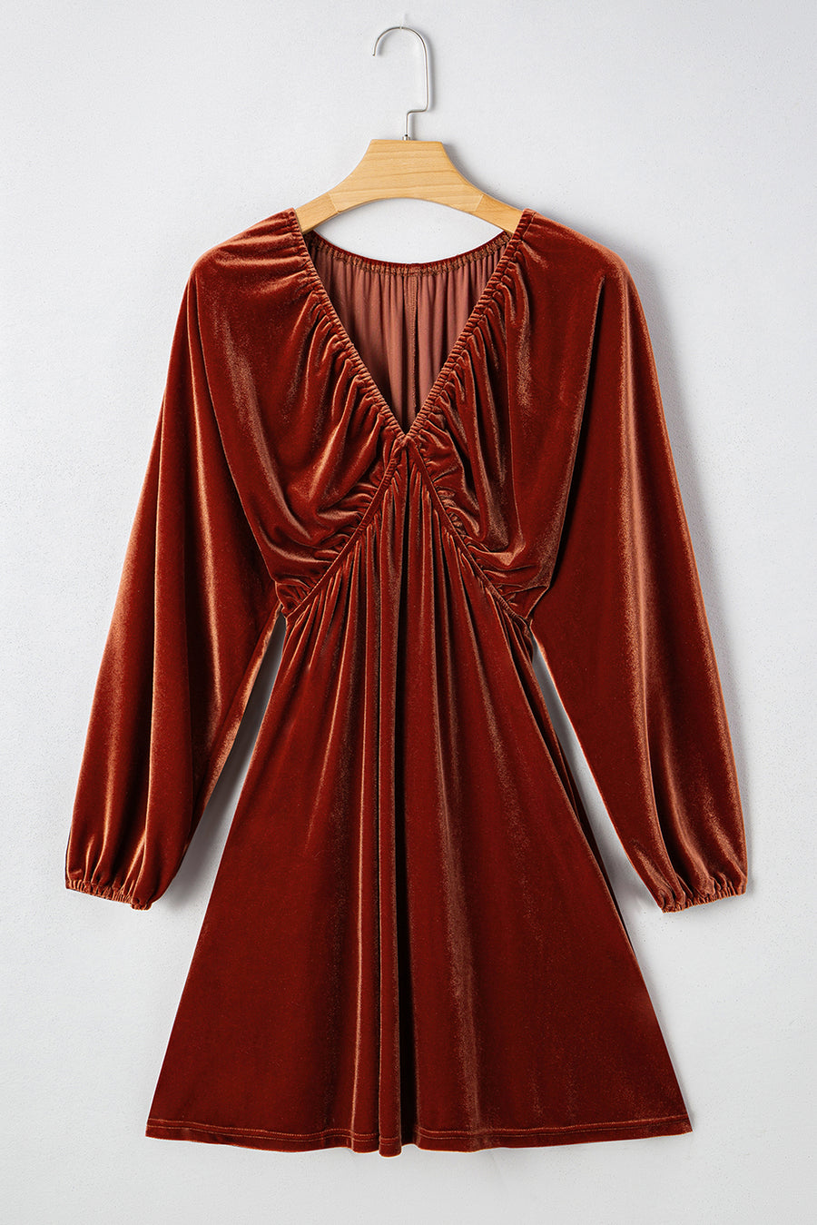 Clay Elastic V-Neck Puff Sleeve Flowy Velvet Dress