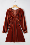 Clay Elastic V-Neck Puff Sleeve Flowy Velvet Dress