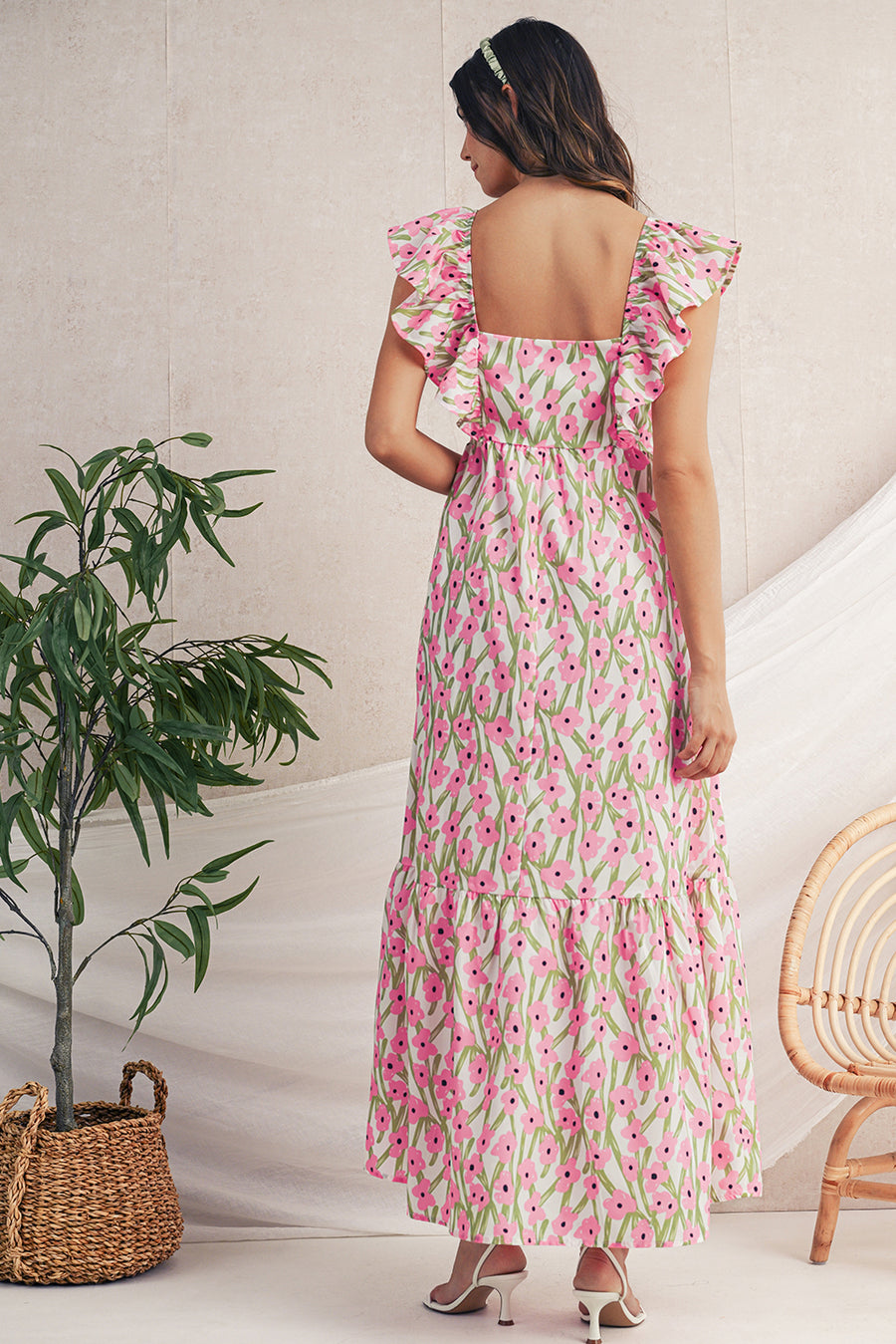 Floral Print Square Neck Ruffled Strap Maxi Dress- 2 Colors