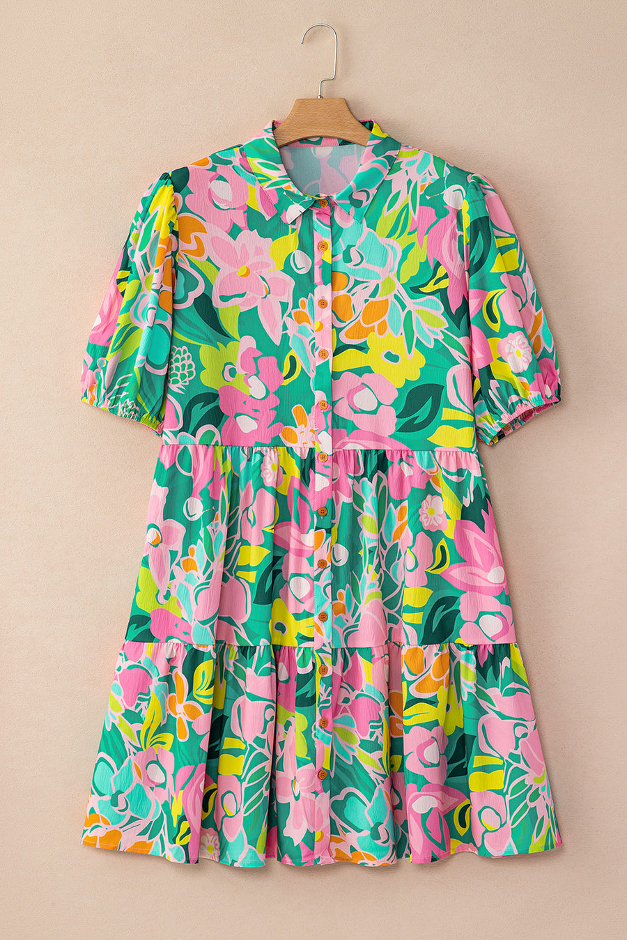 Floral Puff Sleeve Collared Button-Up Babydoll Mini Dress- 2 Colors