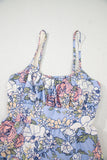 Sky Blue Floral Tiered Patchwork Spaghetti Strap Mini Dress