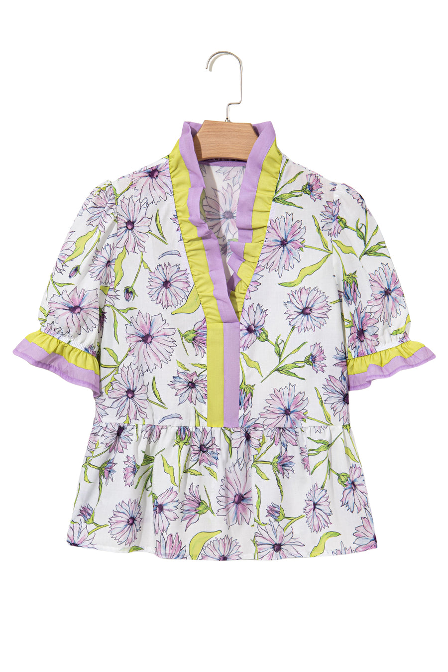 Lavender Floral Frill V-Neck Smocked Peplum Blouse
