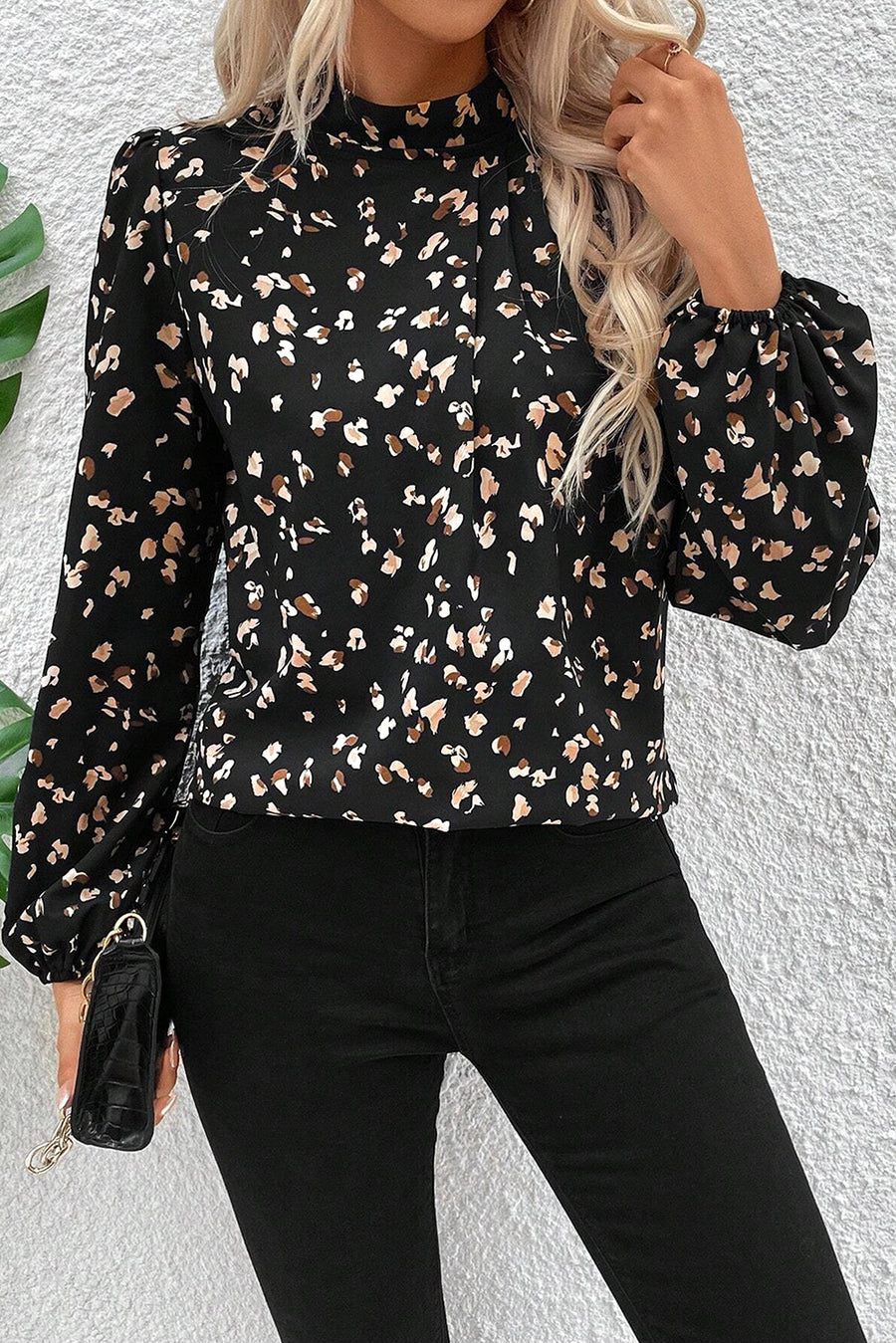 Leopard Print Mock Neck Long Sleeve Pleated Blouse- 2 Colors