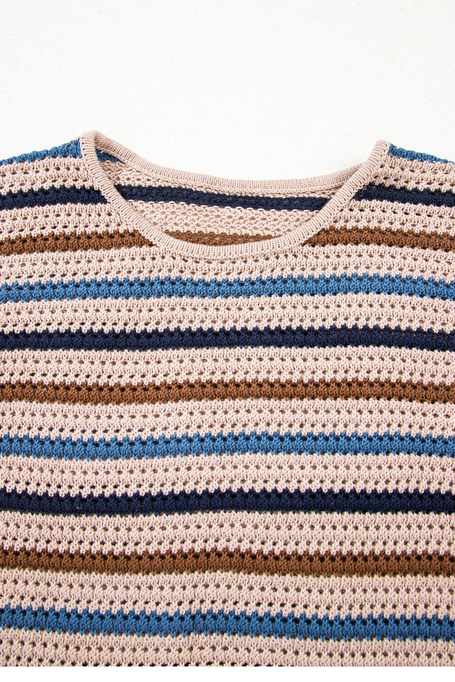 Tan Multi Openwork Striped Knit Drop Shoulder Crew Neck Sweater
