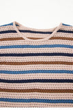 Tan Multi Openwork Striped Knit Drop Shoulder Crew Neck Sweater