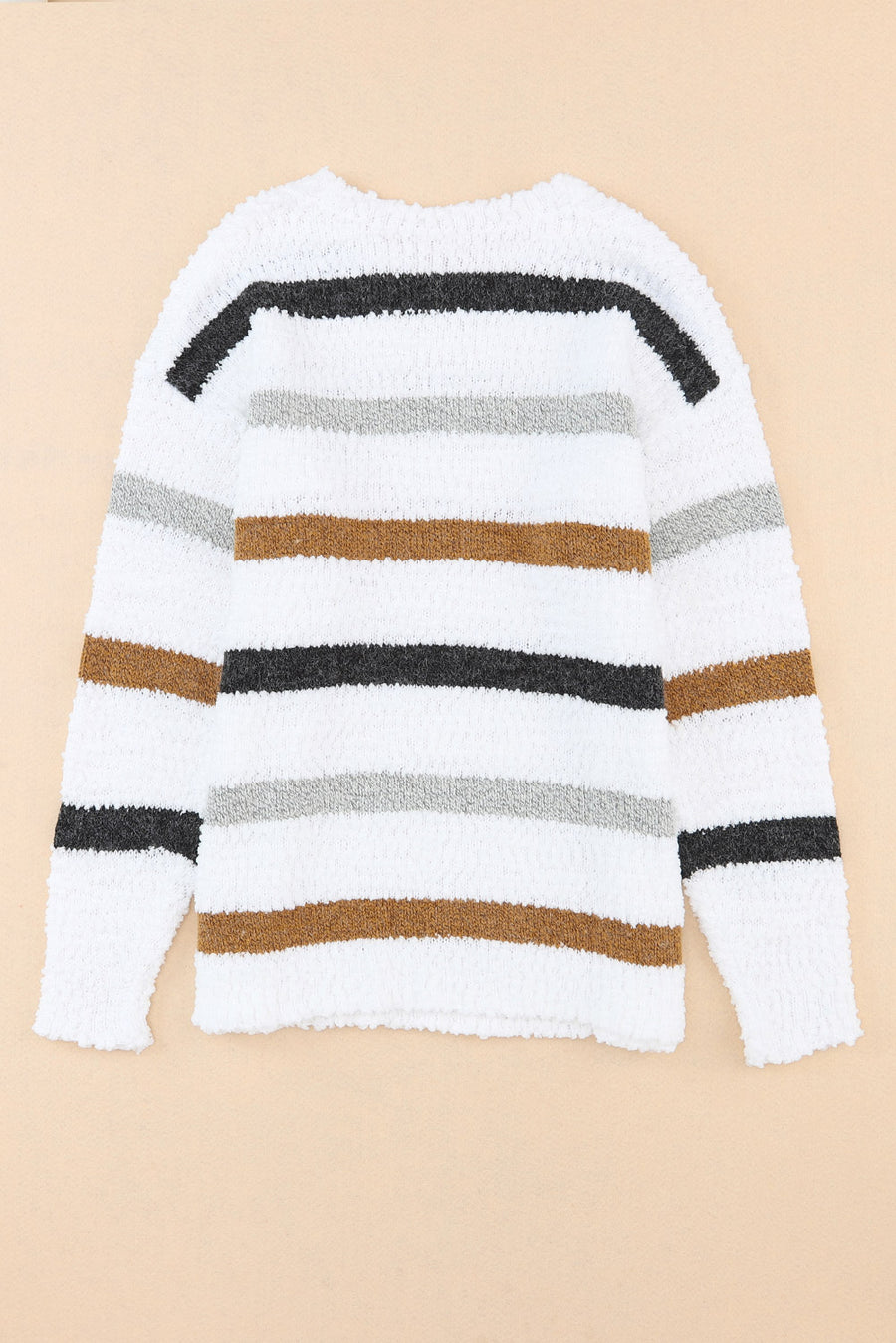 White Multi Striped Popcorn Drop Shoulder Pullover Sweater