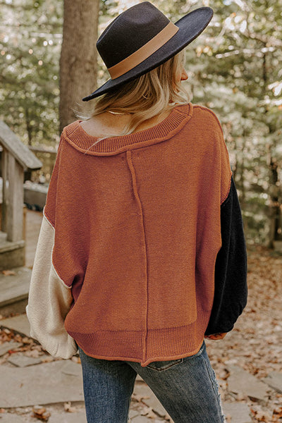 Desert Gold Colorblock Raw Edge Bubble Sleeve V Neck Sweater