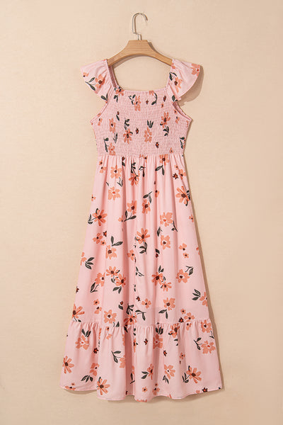 Pink Floral V Neck Smocked High Waist Ruffle Hem Maxi Dress