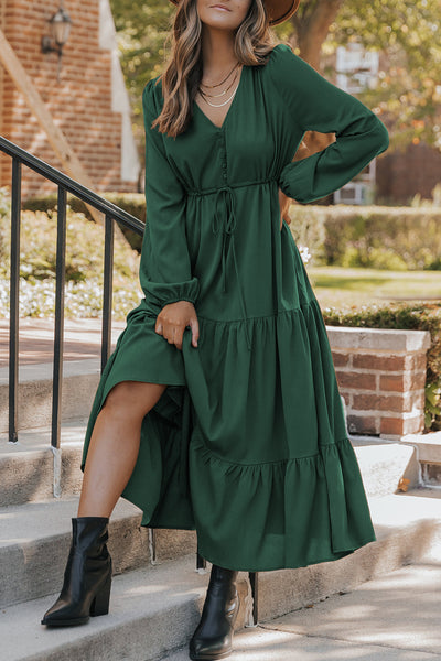 Solid Long Sleeve Button V-Neck Tiered Maxi Dress- 2 Colors