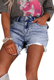 Acid Washed Pearl Studded Pocket Raw Hem Denim Shorts