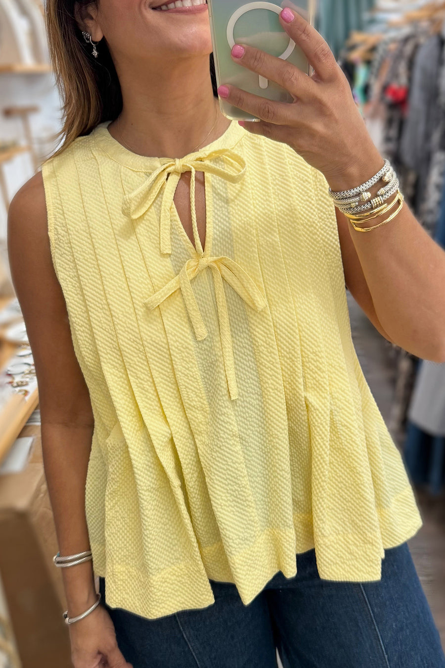 Butter Yellow Waffle Textured Tie Front Notched Neck Pleated Sleeveless Blouse