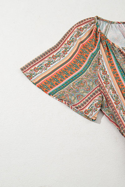 Red Bohemian Floral Print Buttoned V Neck Ruffle Tiered Dress