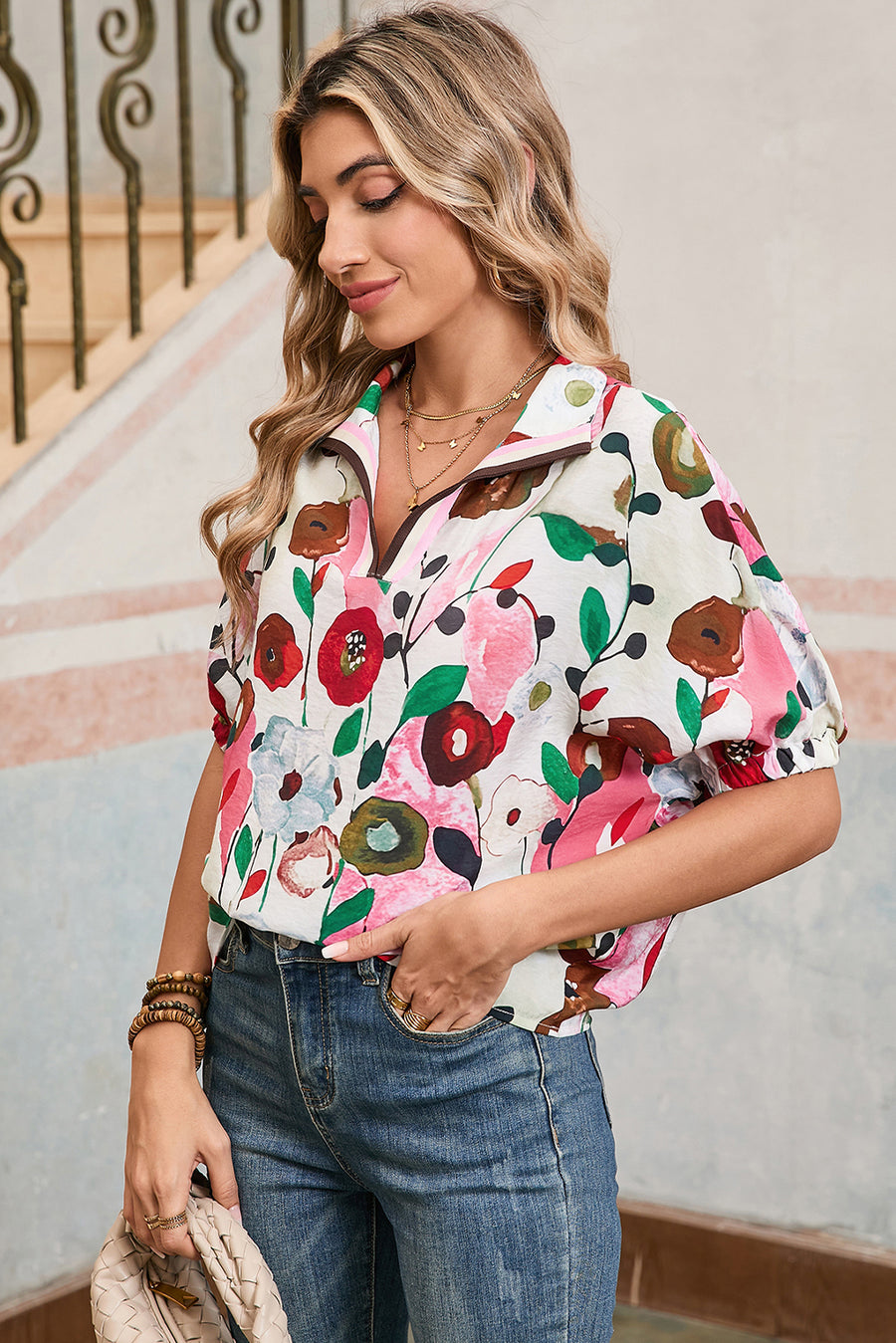 Floral V-Neck Contrast Trim Short Sleeve Blouse- 2 Colors