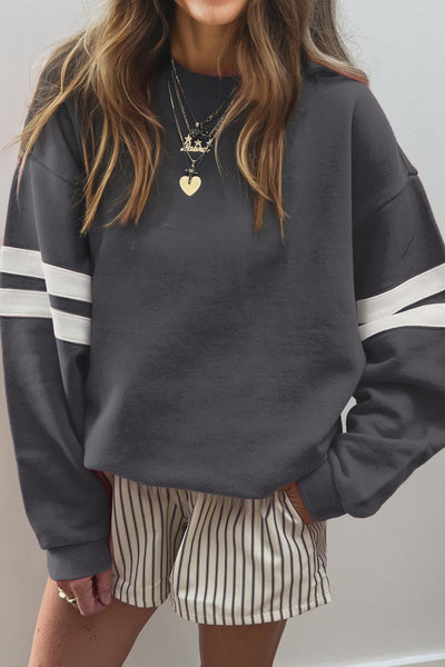 Navy Blue Preppy Striped Sleeve Loose Sweatshirt