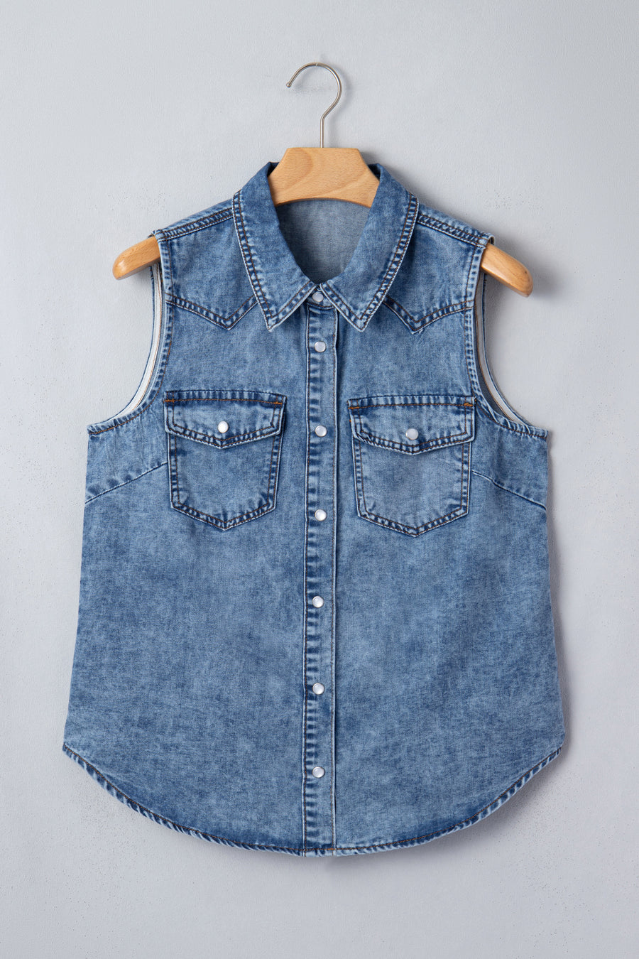 Dusk Blue Button-Up Collared Sleeveless Denim Shirt