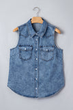 Dusk Blue Button-Up Collared Sleeveless Denim Shirt