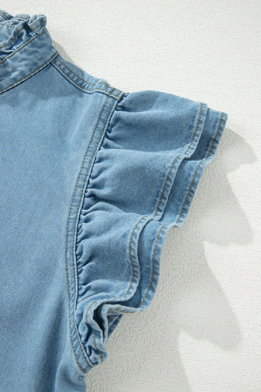 Frill Neck Button-Up Ruffled Short Sleeve Denim Mini Dress- 2 Colors