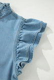 Frill Neck Button-Up Ruffled Short Sleeve Denim Mini Dress- 2 Colors