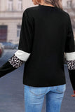 Leopard Print Color Block Patchwork Crew Neck Long Sleeve Top