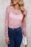Pink Floral Lace Sheer Long Sleeve Blouse