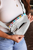 White & Multicolored Checker Print Crossbody Bag