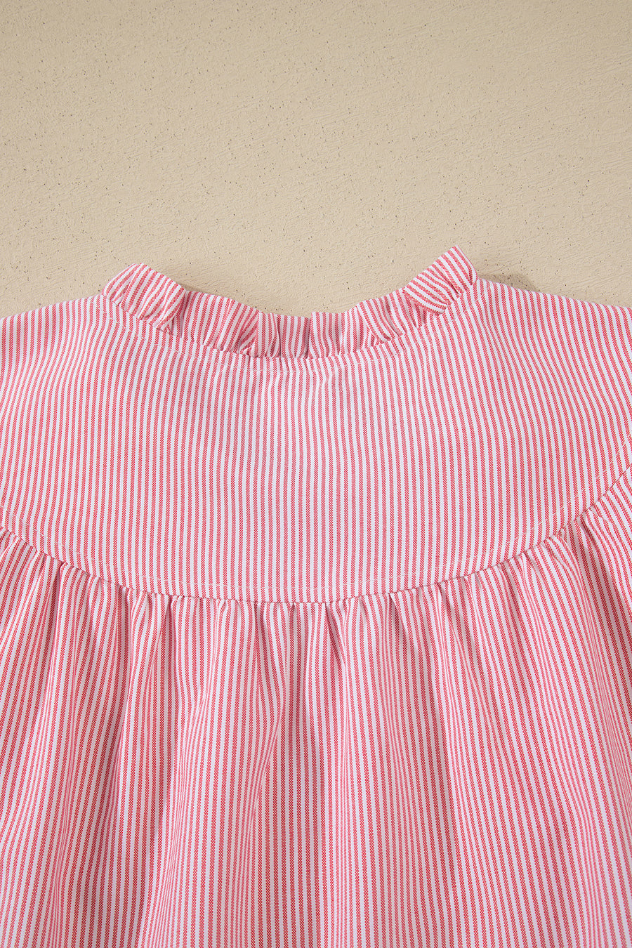 Red Striped Frilled V-Neck Double Ruffled Short Sleeve Blouse