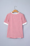 Red Striped Contrast Trim Crew Neck Short Puff Sleeve T-Shirt