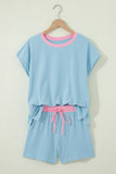 Yellow Cream Soft Ribbed Color Block Trim Casual Short Set