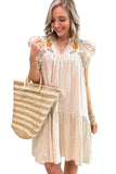 Jet Stream Linen Embroidered Notch Neck Pom Pom Ruffle Sleeve Mini Dress