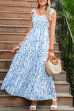 Blue Floral Striped Smocked A-Line Tie Strap Maxi Dress