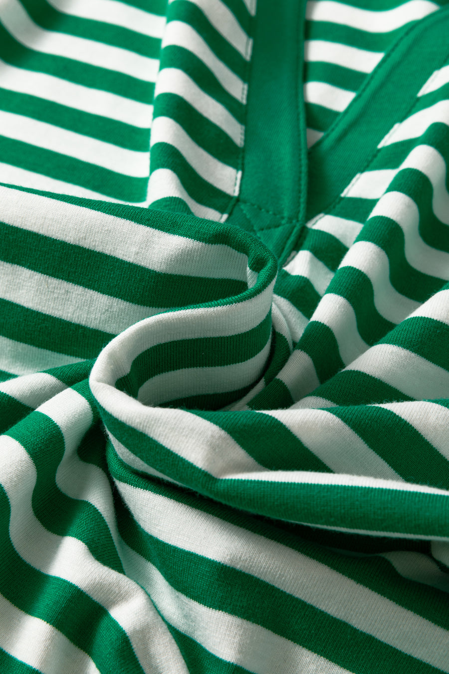 Green Striped Collared V-Neck Short Puff Sleeve Top