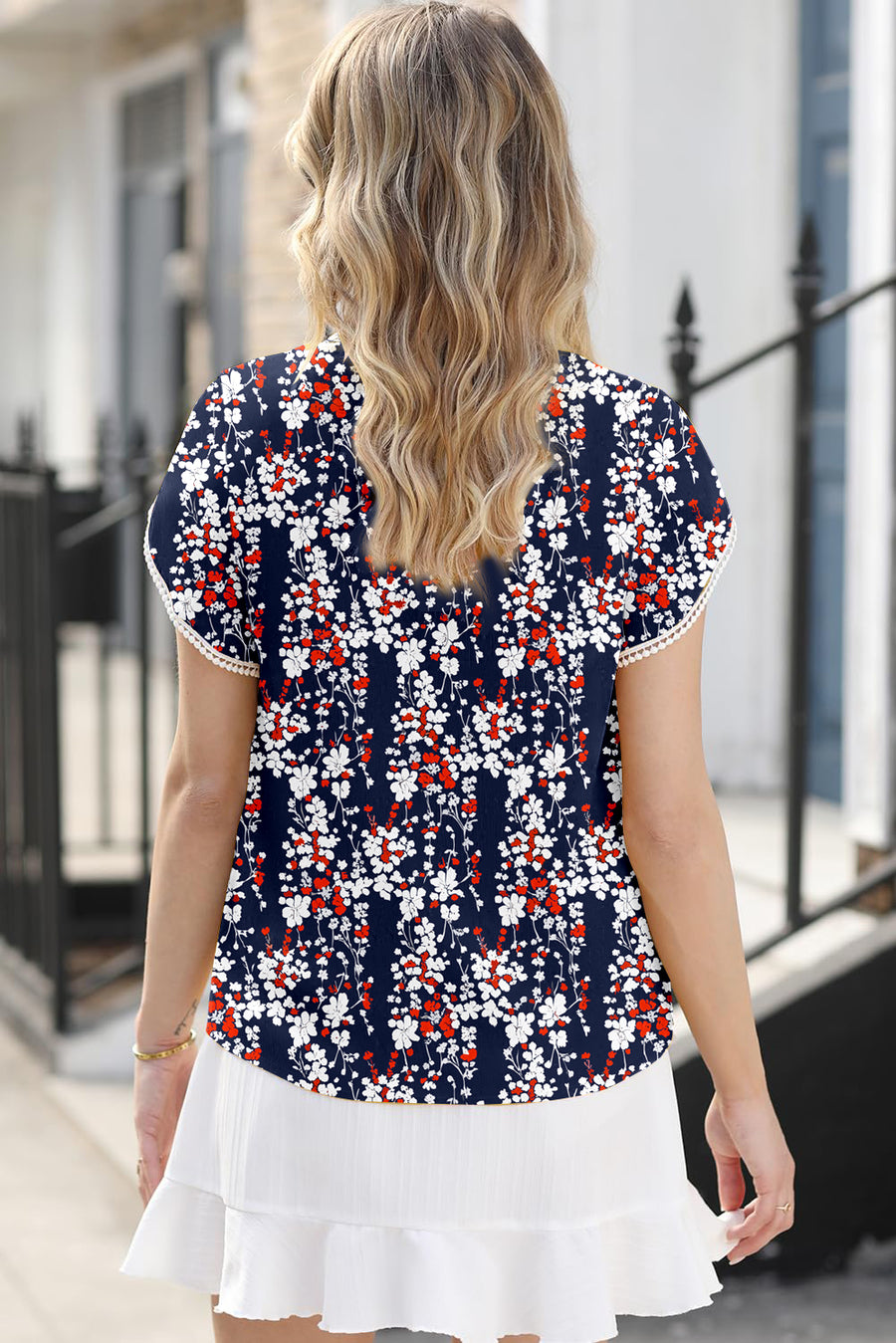 Navy Floral Print Button-Up Lace Trim Petal Sleeve Blouse
