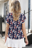 Navy Floral Print Button-Up Lace Trim Petal Sleeve Blouse