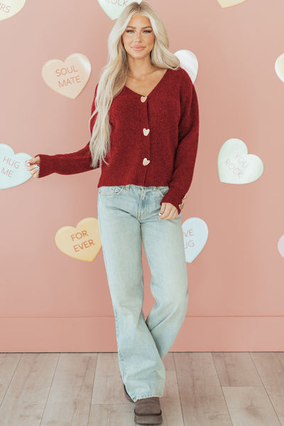 Red Heart Metal Button V-Neck Cardigan