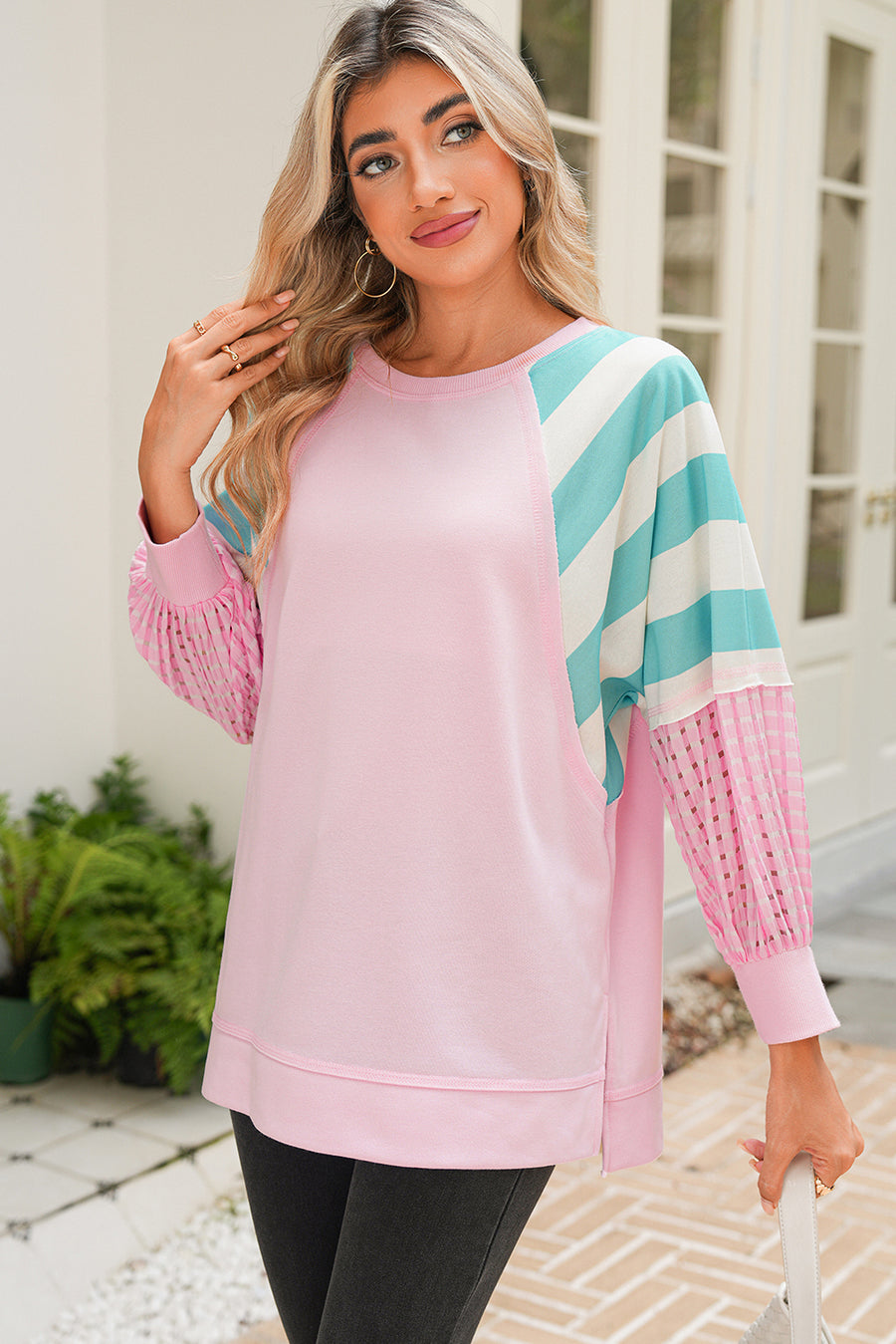 Light Pink Striped Color Block Patchwork Raglan Sleeve Top