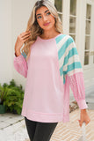 Light Pink Striped Color Block Patchwork Raglan Sleeve Top
