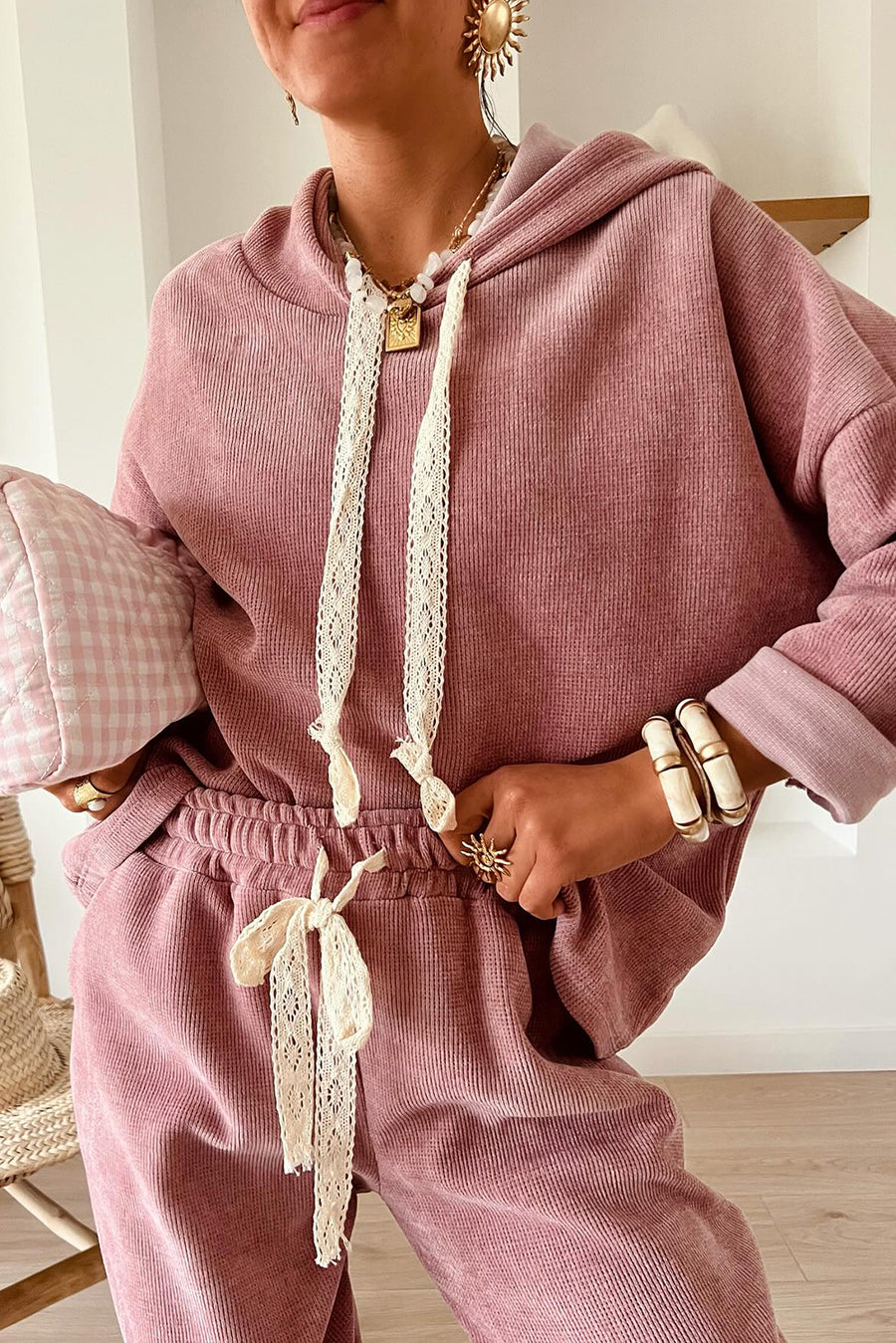 Contrast Drawstring Hoodie and High Waist Pants Corduroy Set- 5 Colors