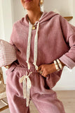 Contrast Drawstring Hoodie and High Waist Pants Corduroy Set- 5 Colors