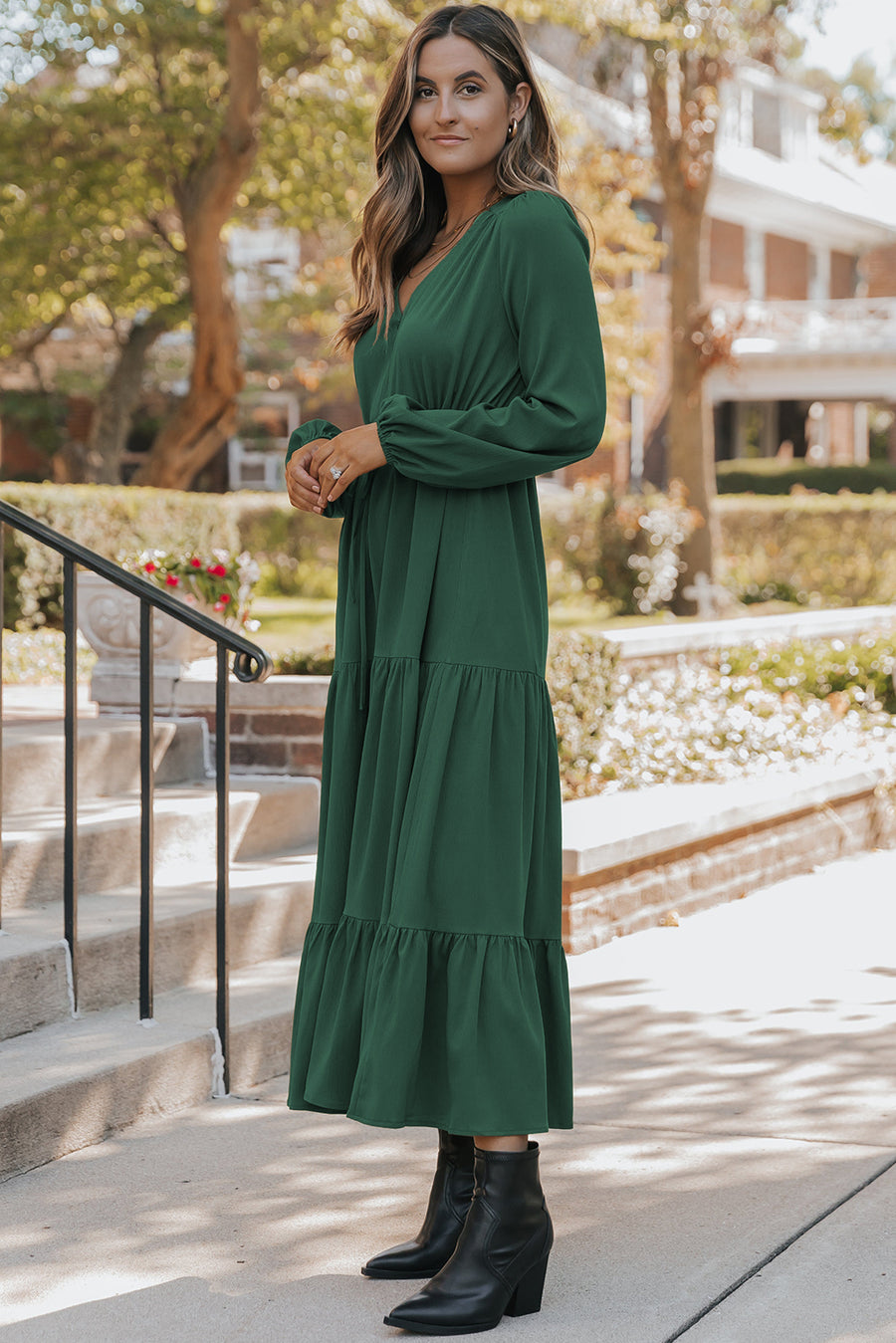 Solid Long Sleeve Button V-Neck Tiered Maxi Dress- 2 Colors