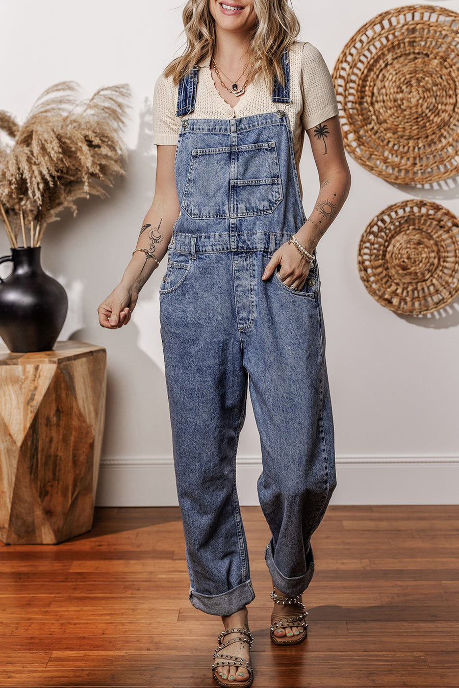 Mineral Wash Blue Straight Leg Denim Overalls