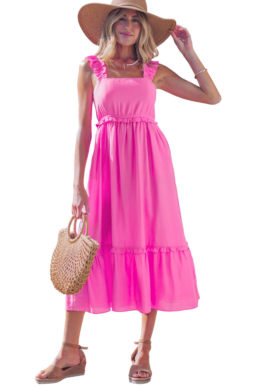 Solid Color Ruffle Trim High Waist Sleeveless Maxi Dress A- 2 Colors