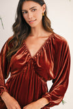 Clay Elastic V-Neck Puff Sleeve Flowy Velvet Dress